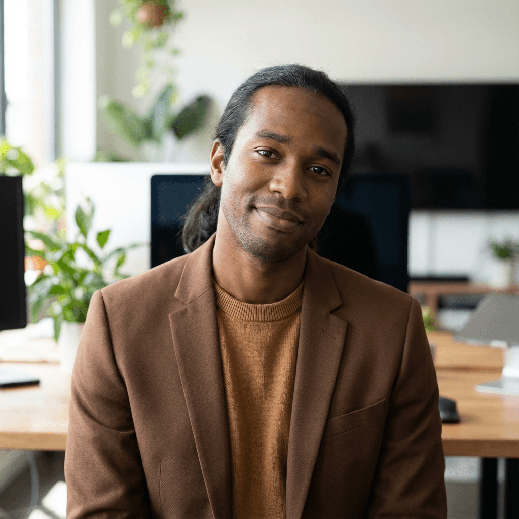 Marcus Bennett, CEO of Bennett and Cole Interiors, in a bright modern workspace