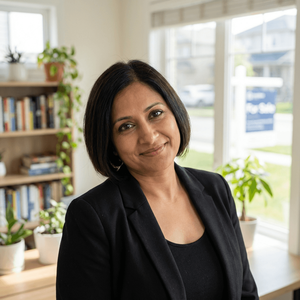 Priya Sharma in a smart blazer at a clean modern office desk