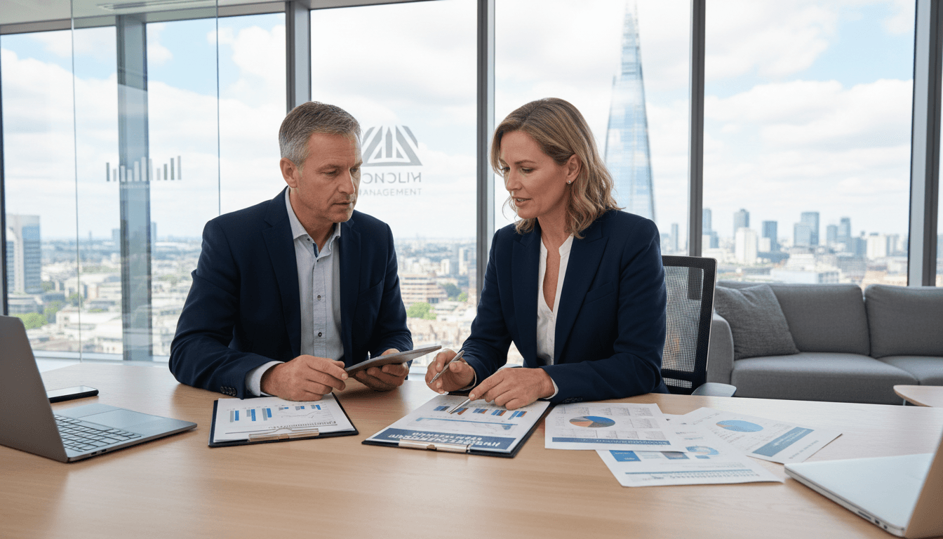 Professional financial advisor reviewing documents with client in modern London office