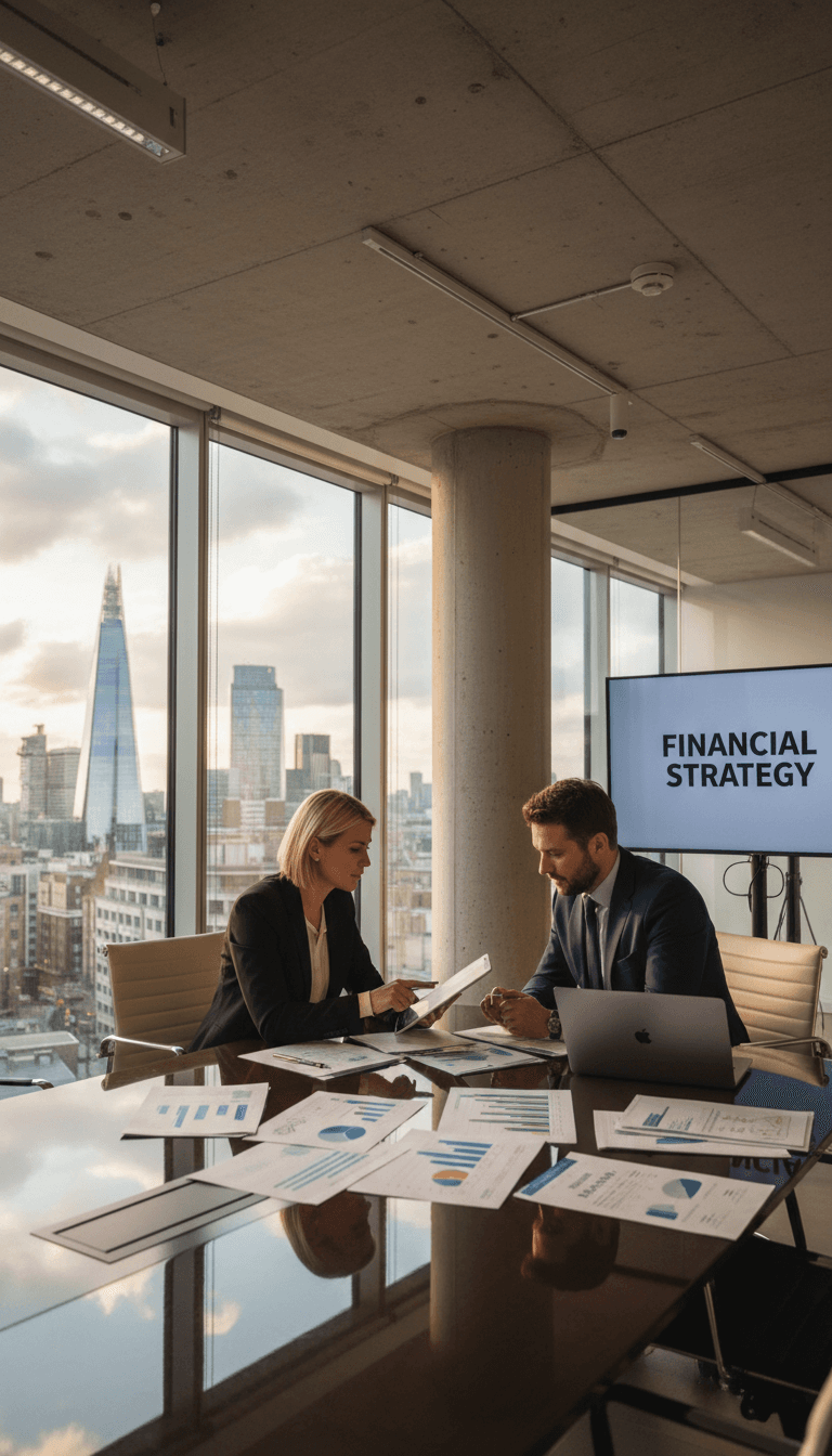 Professional business advisors reviewing financial documents in a modern office