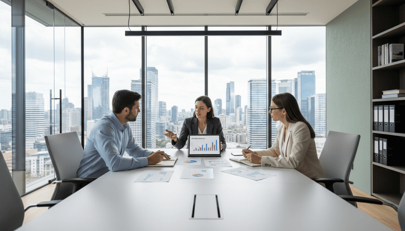 Two professionals reviewing financial documents during a meeting in a modern office