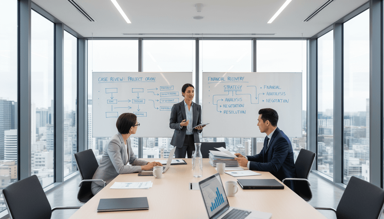 Business team reviewing financial documents in a modern meeting room