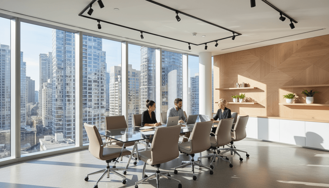 Professional business meeting in a modern office with a city view