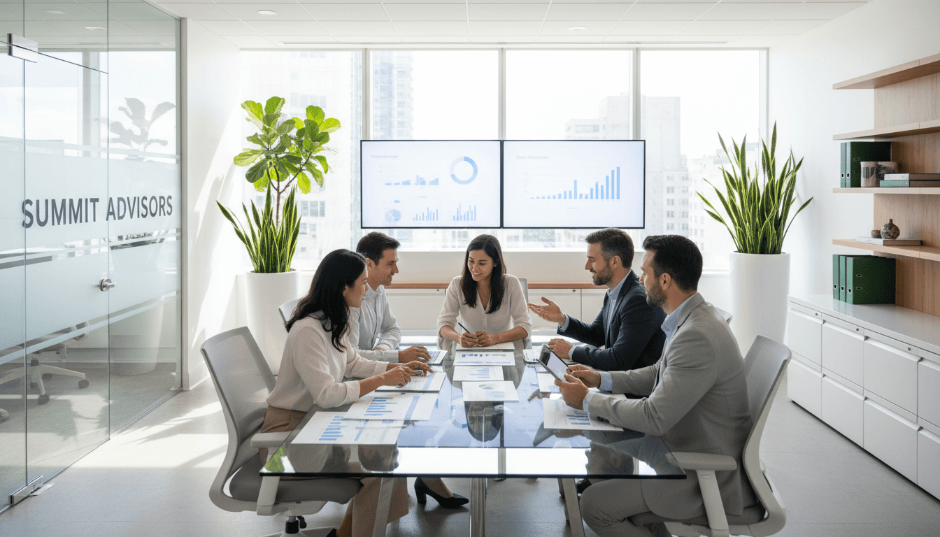 Professional advisers reviewing financial documents together in a bright modern office