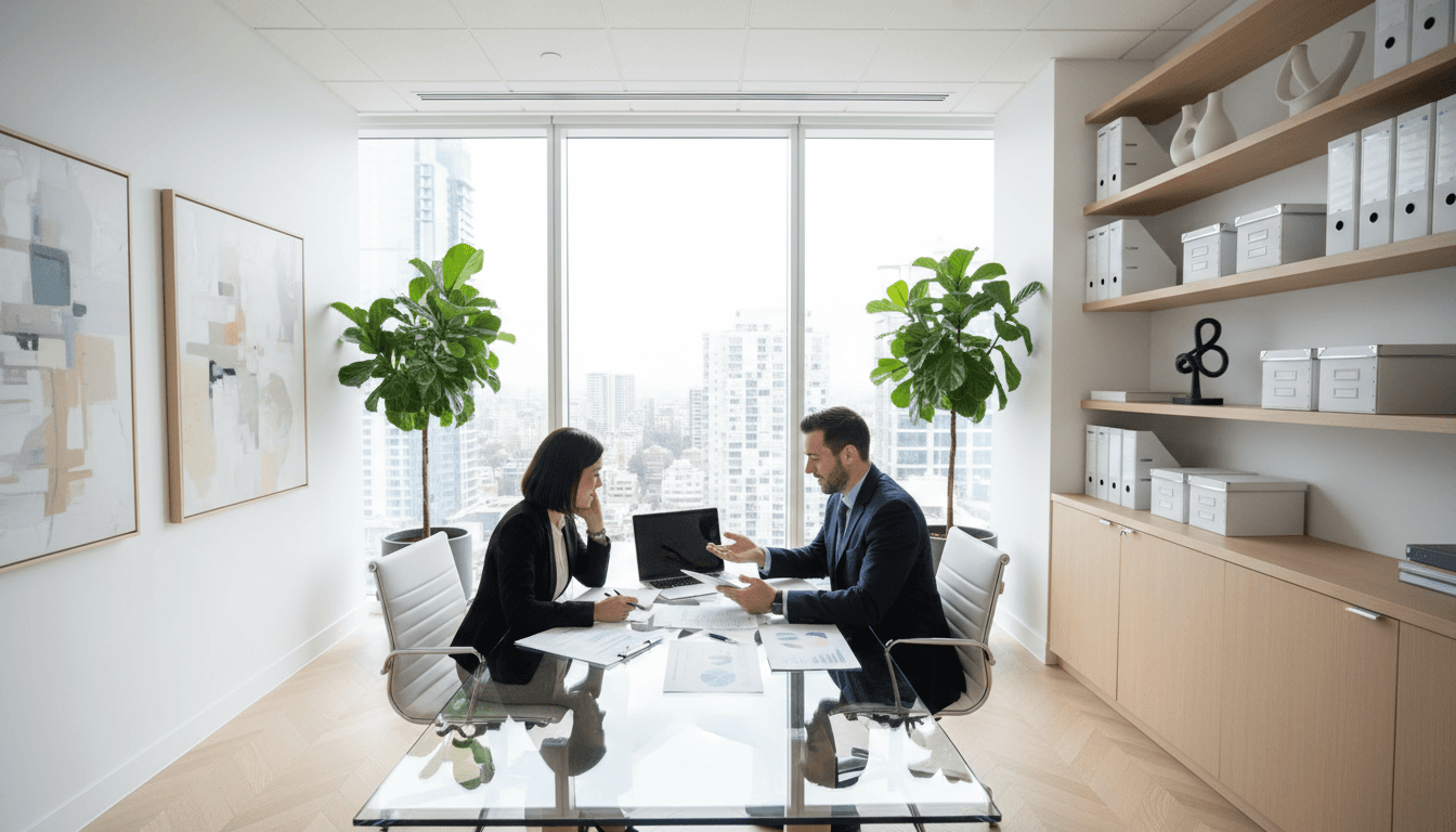 Business adviser discussing strategy with clients in a bright office