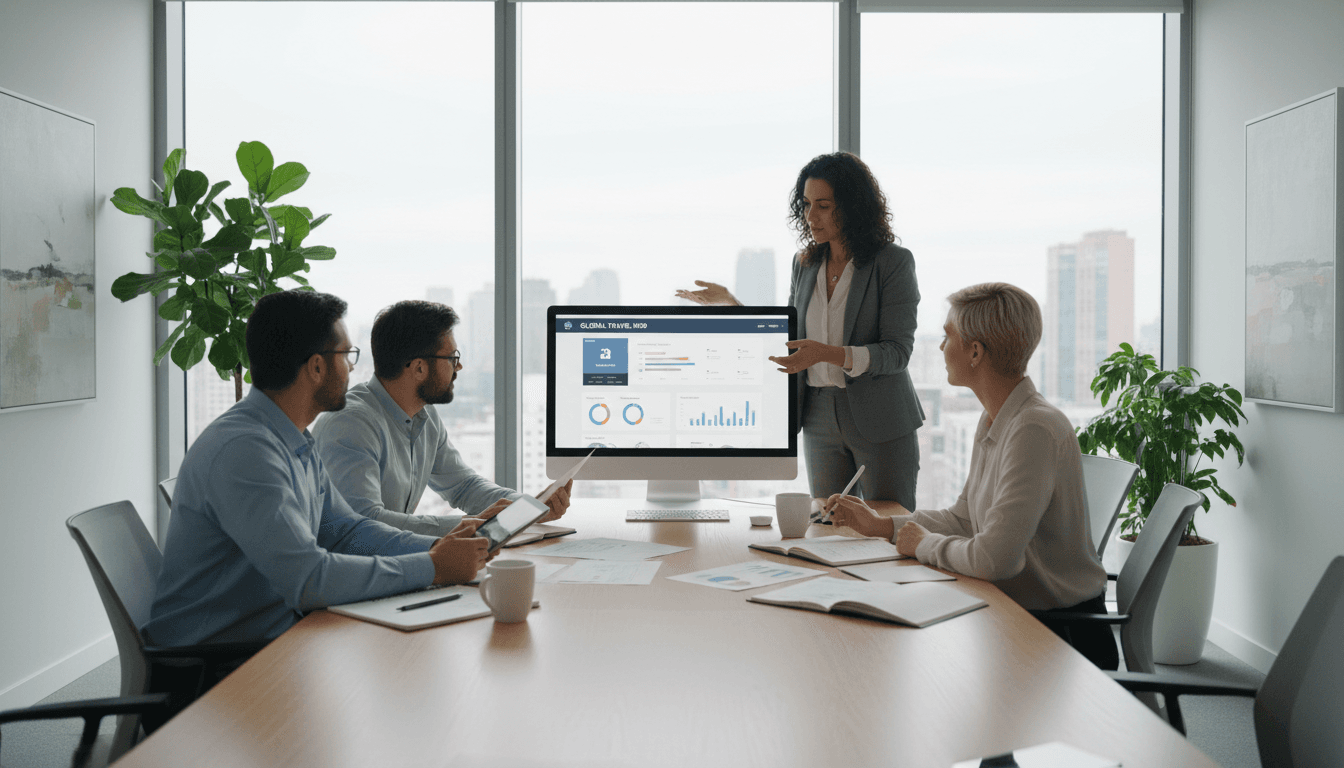 Professional business team collaborating around a table in a bright modern office