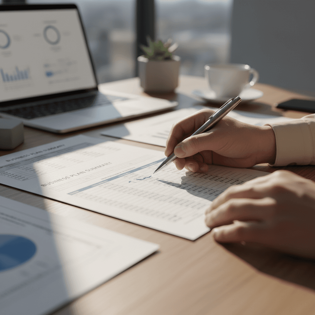 Two business professionals reviewing financial documents together in a bright office
